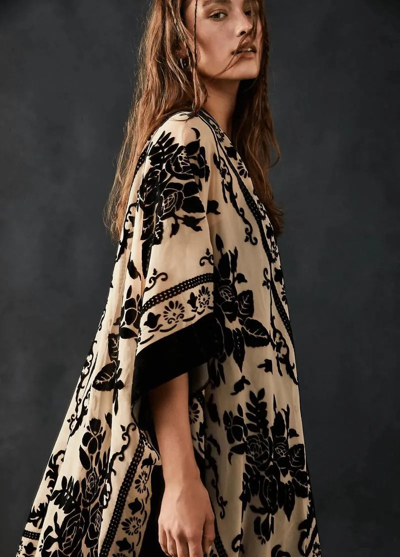 Veste kimono beige et noire - Style unique & chic-Kimikono