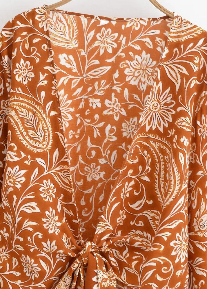 Kimono court orange fleuri | Akane