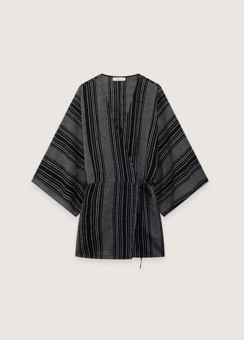 Ensemble jupe kimono - Femme élégante noir rayé-Kimikono