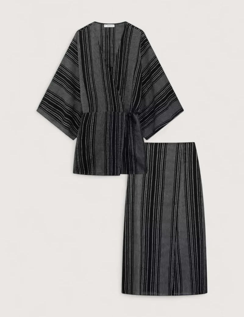 Ensemble jupe kimono - Femme élégante noir rayé-Kimikono