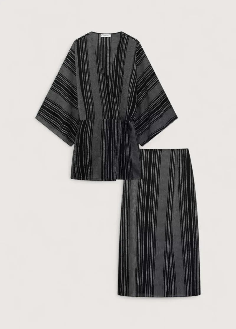 Ensemble jupe kimono - Femme élégante noir rayé-Kimikono