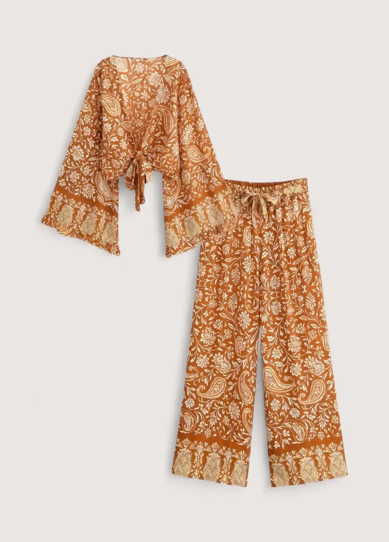 Ensemble kimono court et pantalon orange fleuri - Bohème-Kimikono