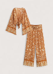 Ensemble kimono court et pantalon orange fleuri - Bohème-Kimikono