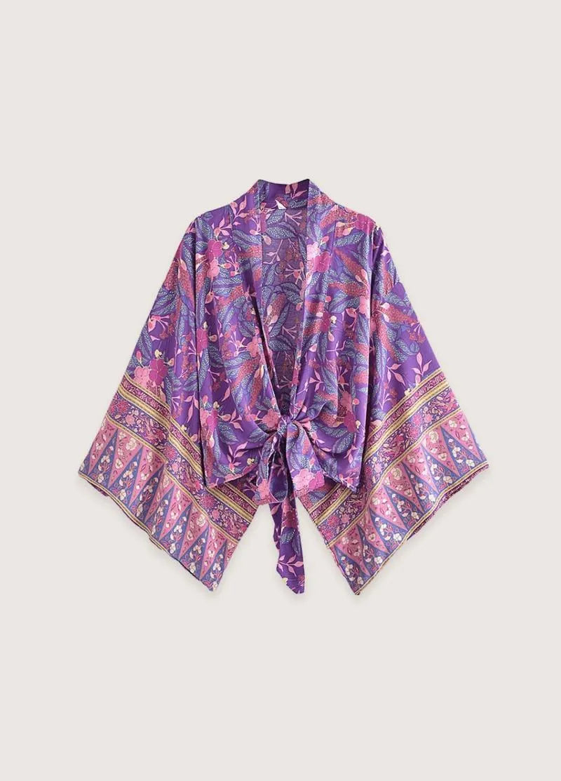 Ensemble kimono court et pantalon violet fleuri - Femme-Kimikono