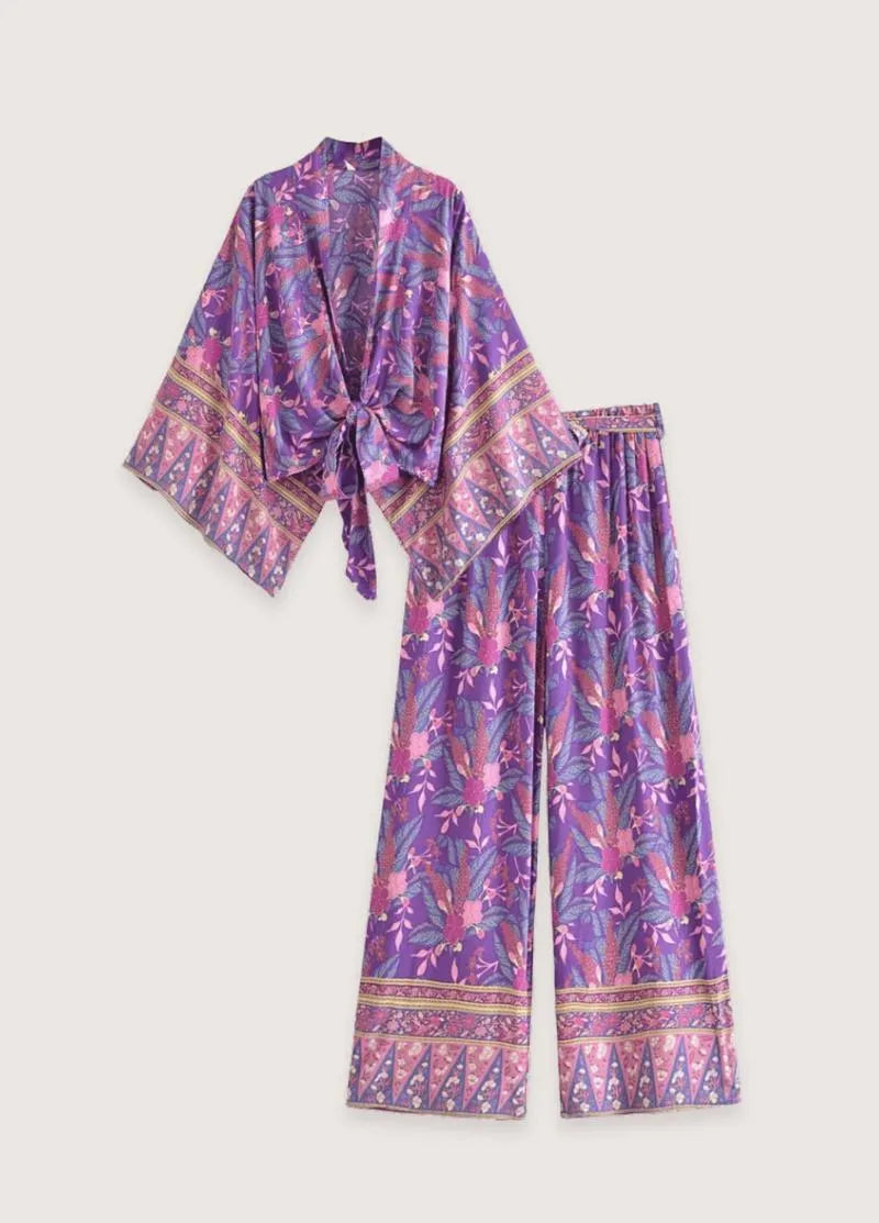 Ensemble kimono court et pantalon violet fleuri - Femme-Kimikono