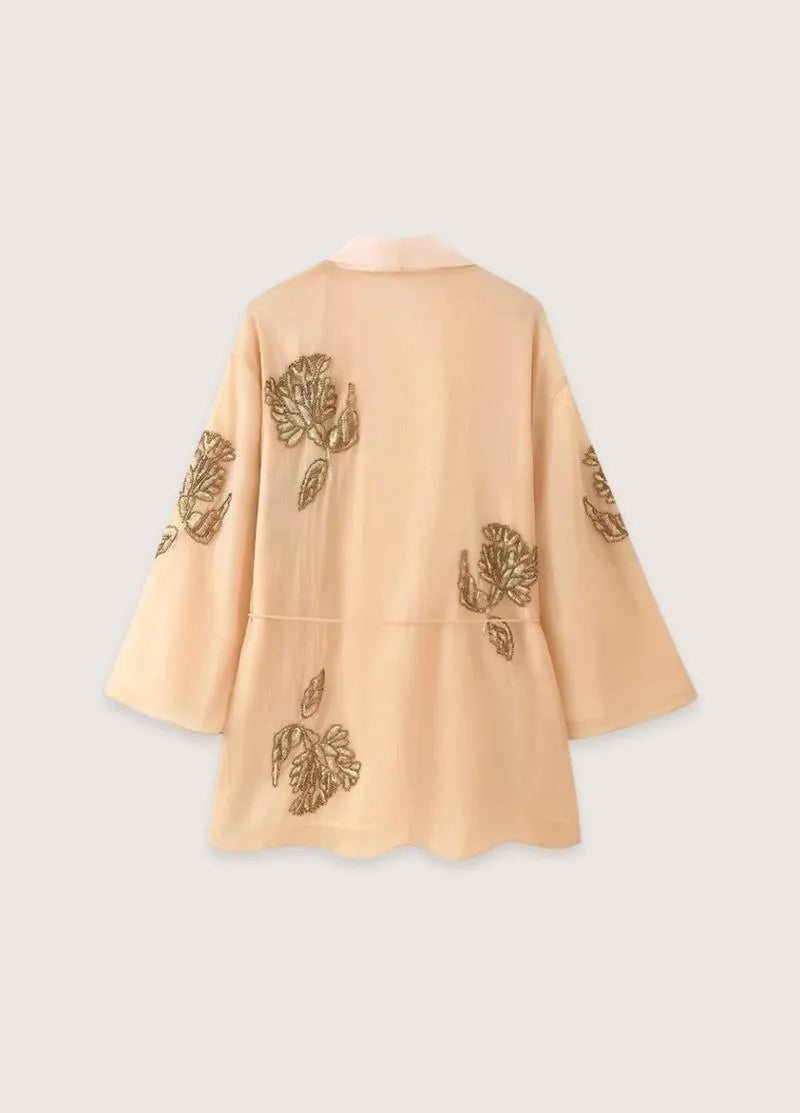 Gilet kimono femme beige - Broderies florales élégantes-Kimikono