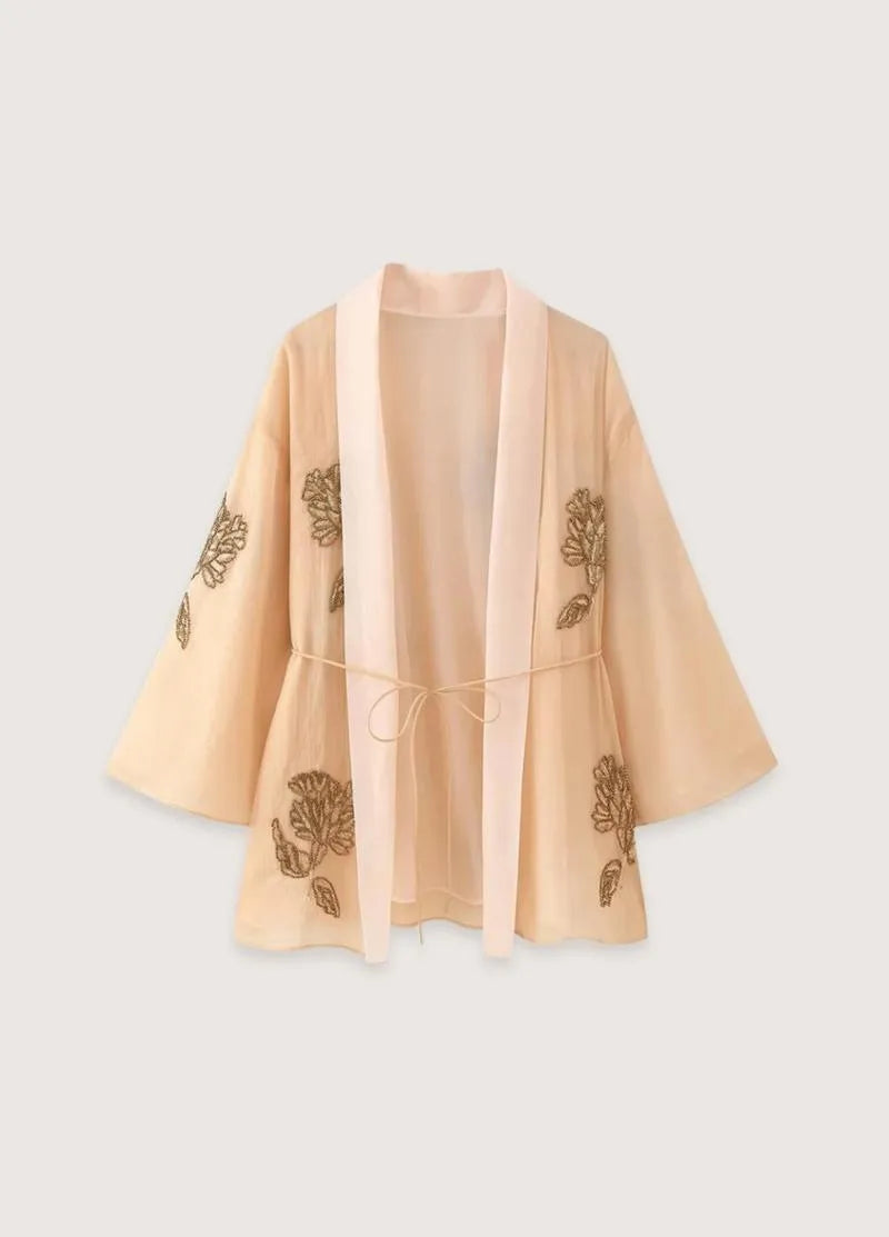 Gilet kimono femme beige - Broderies florales élégantes-Kimikono