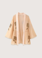 Gilet kimono femme beige - Broderies florales élégantes-Kimikono