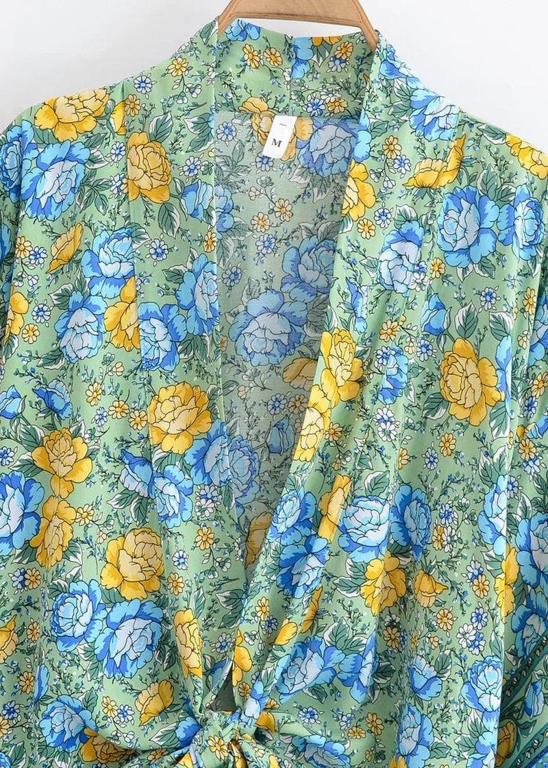 Haut kimono court bleu fleuri - Style japonais chic-Kimikono