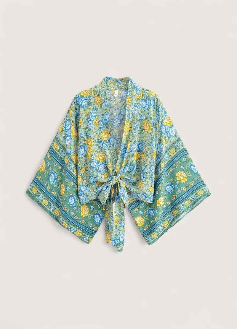 Haut kimono court bleu fleuri - Style japonais chic-Kimikono