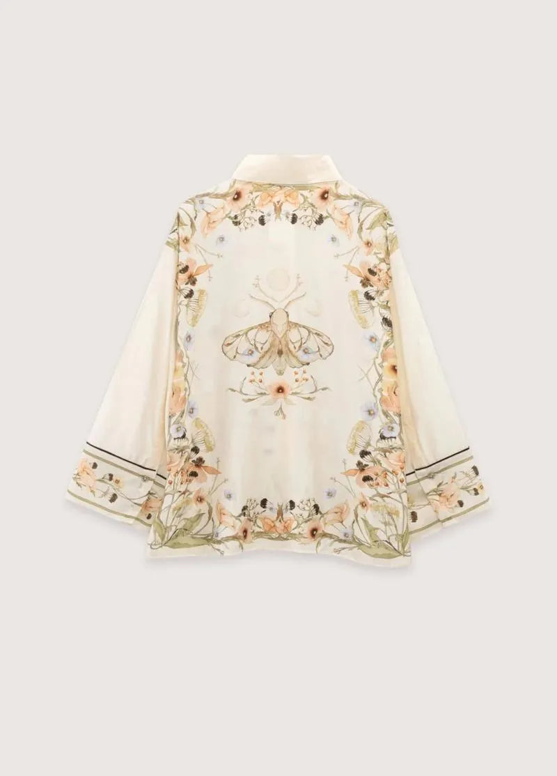 Kimono beige court fleuri - Élégance femme moderne-Kimikono