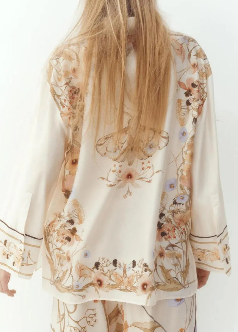 Kimono beige court fleuri - Élégance femme moderne-Kimikono