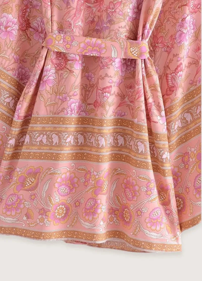 Kimono bohème court fleuri rose - Style authentique-Kimikono