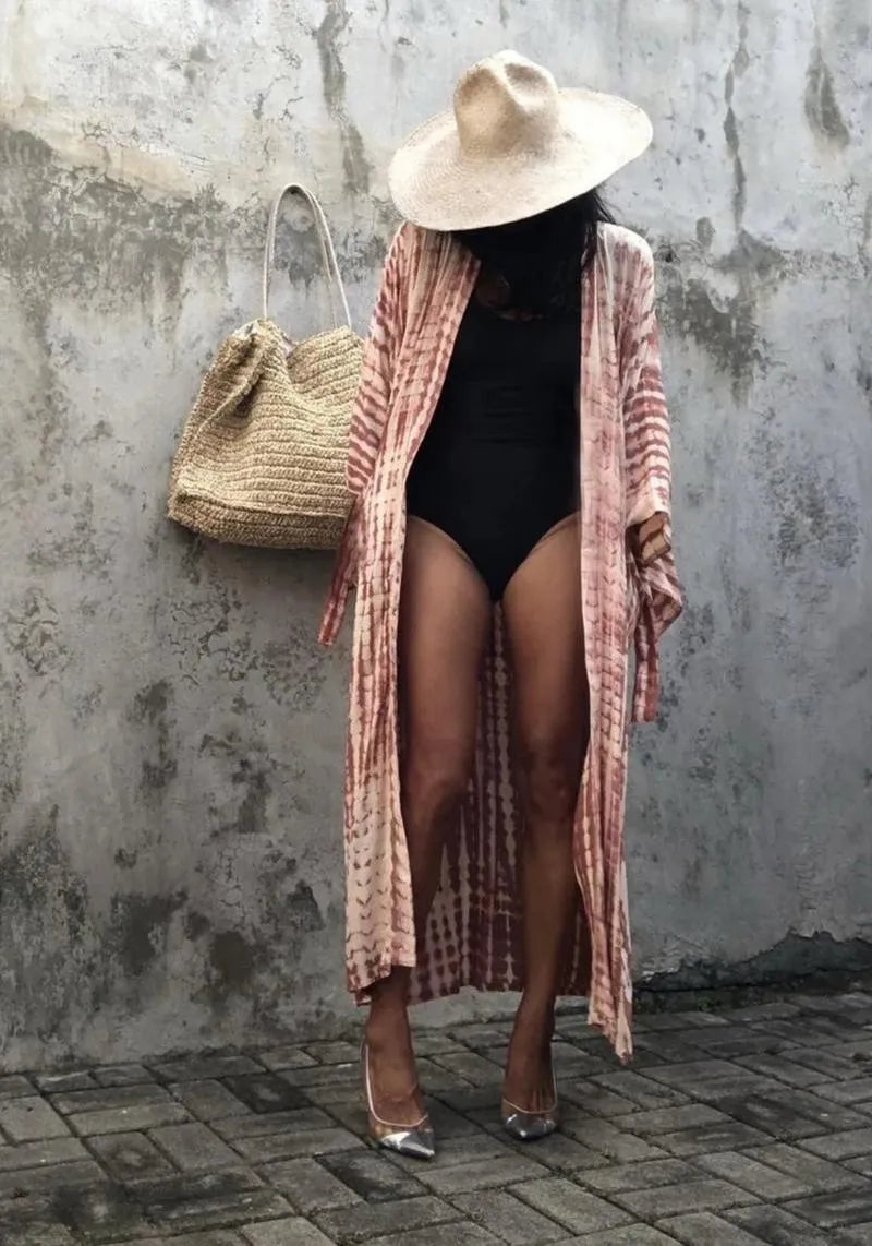 Kimono bohème long terracotta - Élégance décontractée-Kimikono