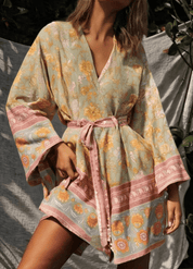 Kimono court femme orange fleuri | Aoi
