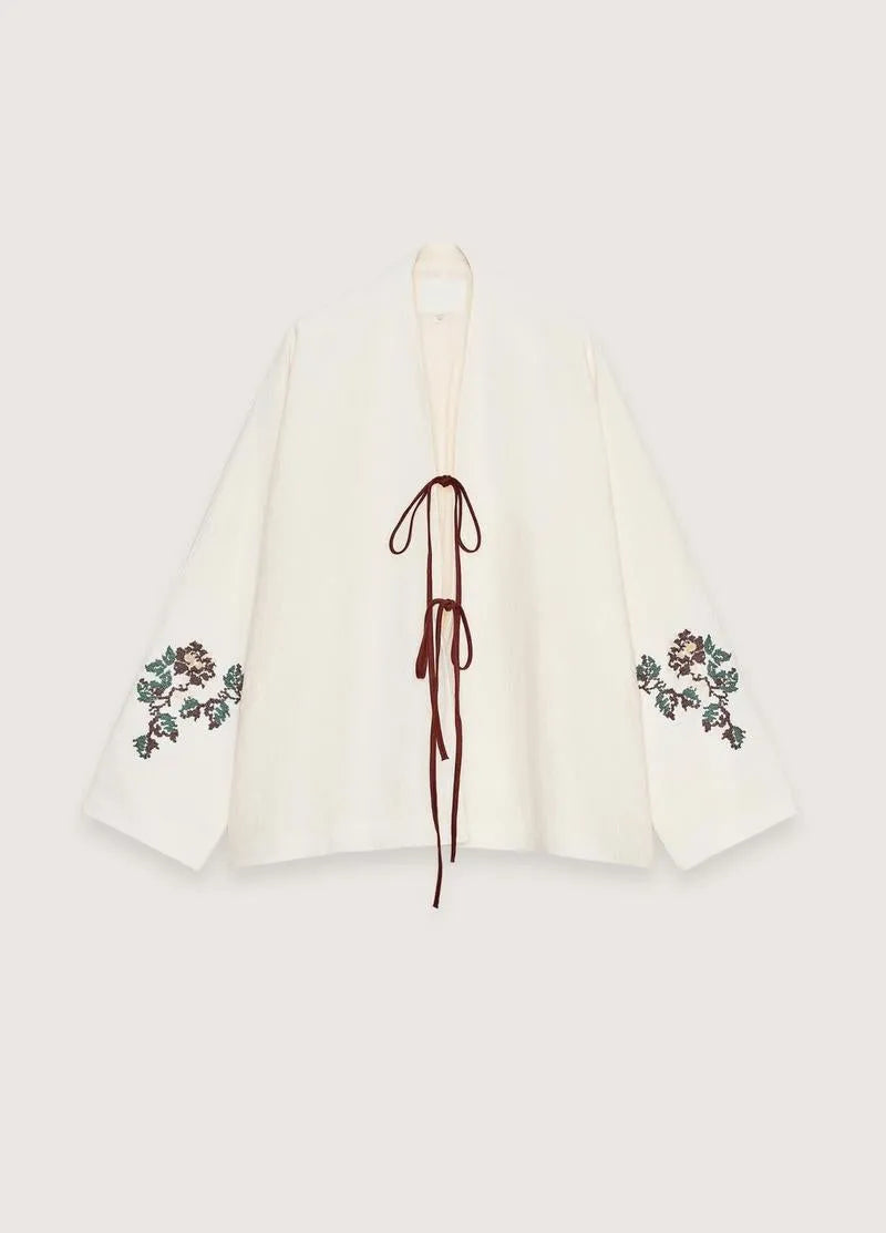 Kimono court beige en lin - Élégance d'été légère-Kimikono