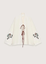 Kimono court beige en lin - Élégance d'été légère-Kimikono
