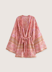 Kimono bohème court fleuri rose | Ayame