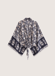 Kimono court fleuri gris et rose | Sango