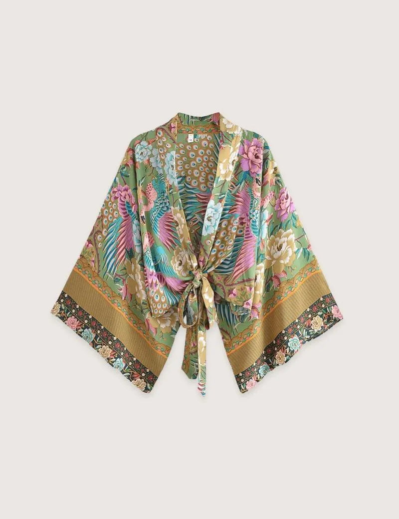 Kimono court bohème paon - Style raffiné & unique-Kimikono