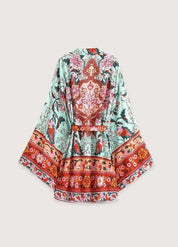 Kimono court coton femme - Motifs floraux turquoise-Kimikono