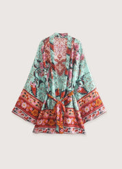 Kimono court coton femme - Motifs floraux turquoise-Kimikono