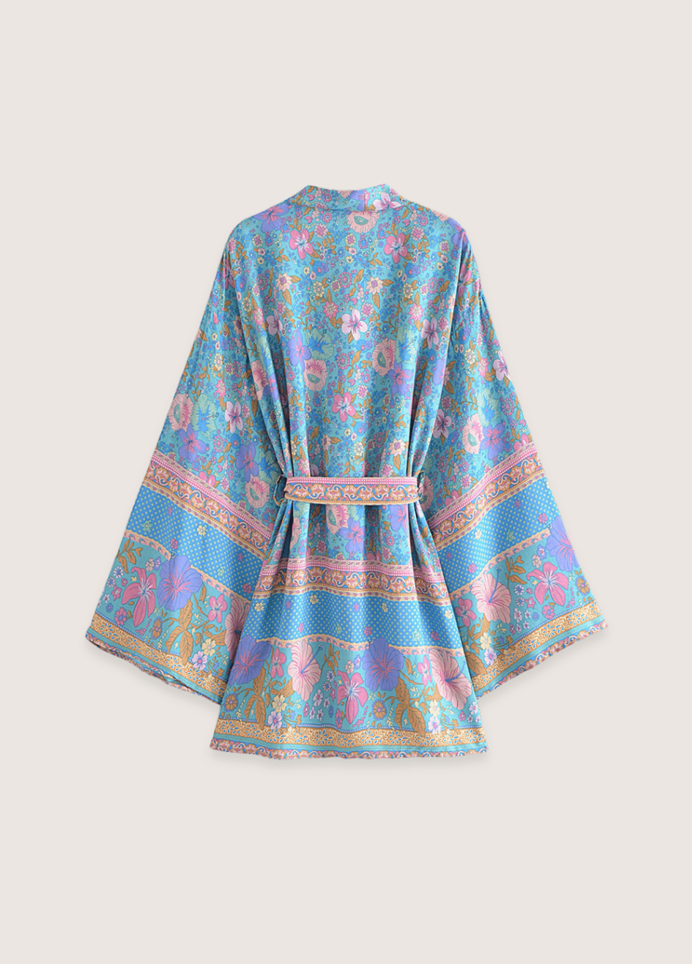 Kimono court fleuri bleu et rose | Hana