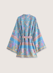 Kimono court fleuri bleu et rose | Hana