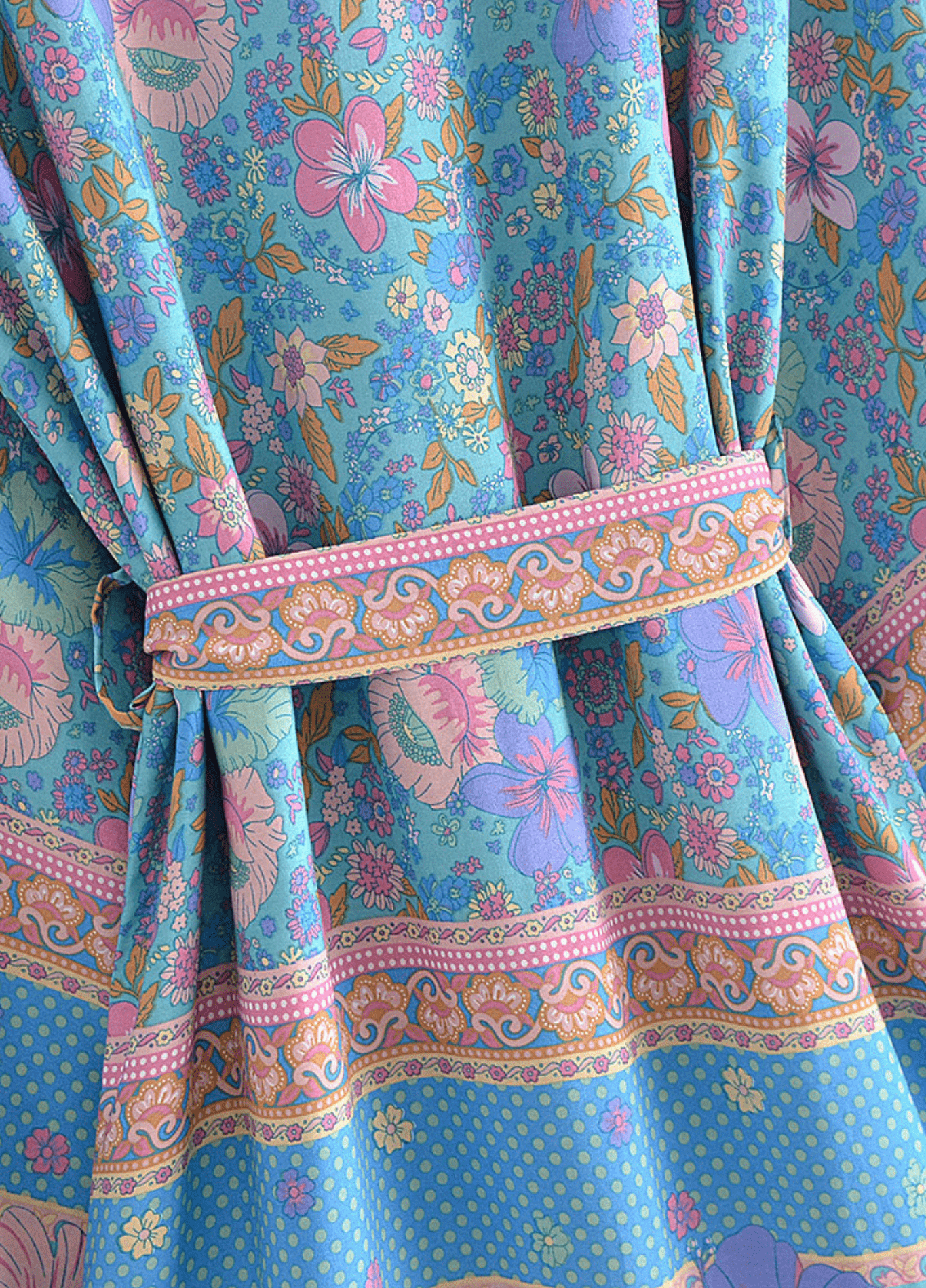 Kimono court fleuri bleu et rose | Hana