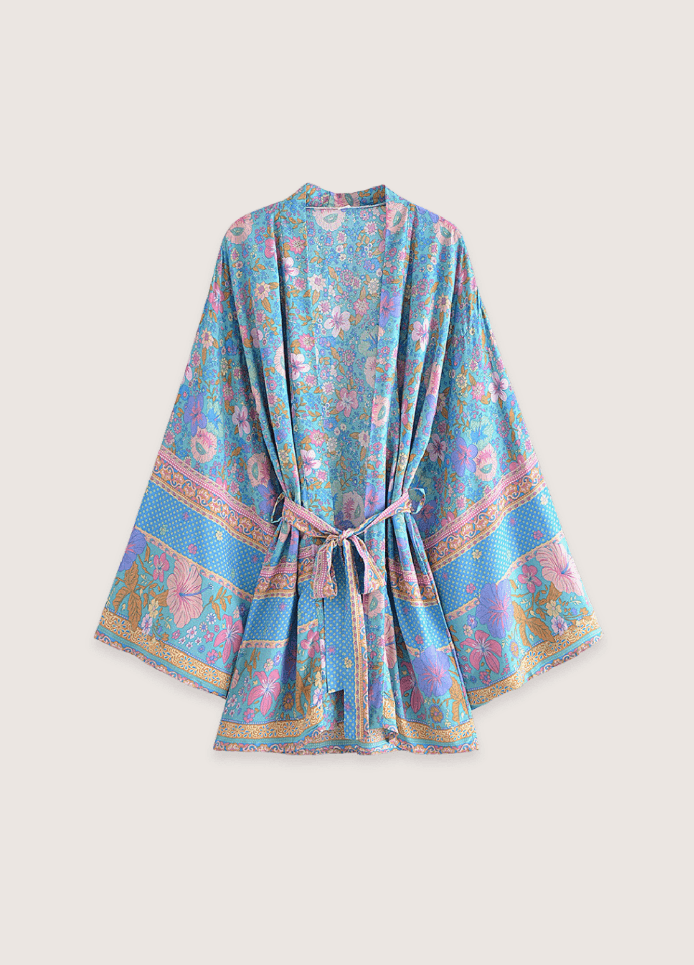 Kimono court fleuri bleu et rose | Hana