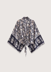 Kimono court fleuri gris et rose - Bohème & élégant-Kimikono