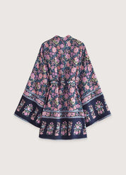 Kimono court fleuri rose et bleu nuit - Élégant-Kimikono