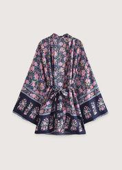 Kimono court fleuri rose et bleu nuit - Élégant-Kimikono