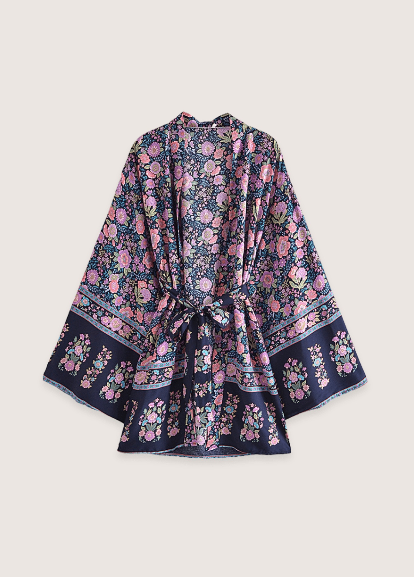 Kimono court fleuri rose et bleu nuit | Kaori