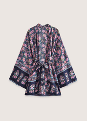 Kimono court fleuri rose et bleu nuit | Kaori