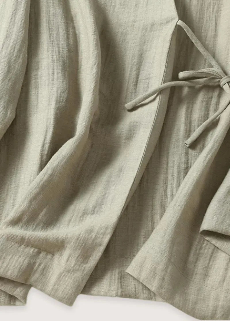 Kimono court japonais femme - Vert lin authentique-Kimikono