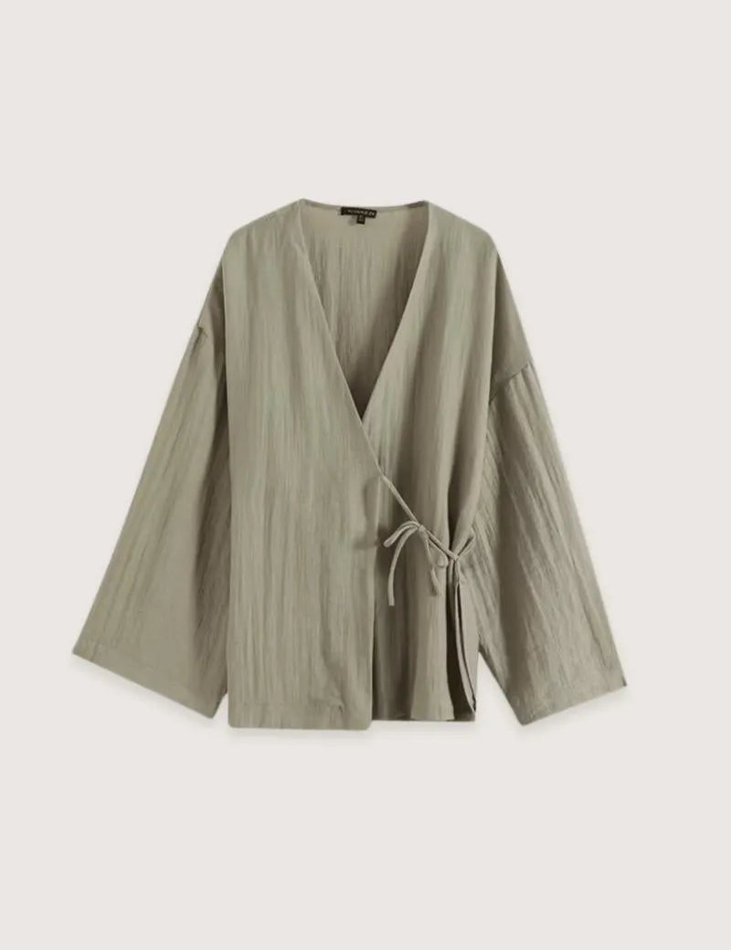 Kimono court japonais femme - Vert lin authentique-Kimikono