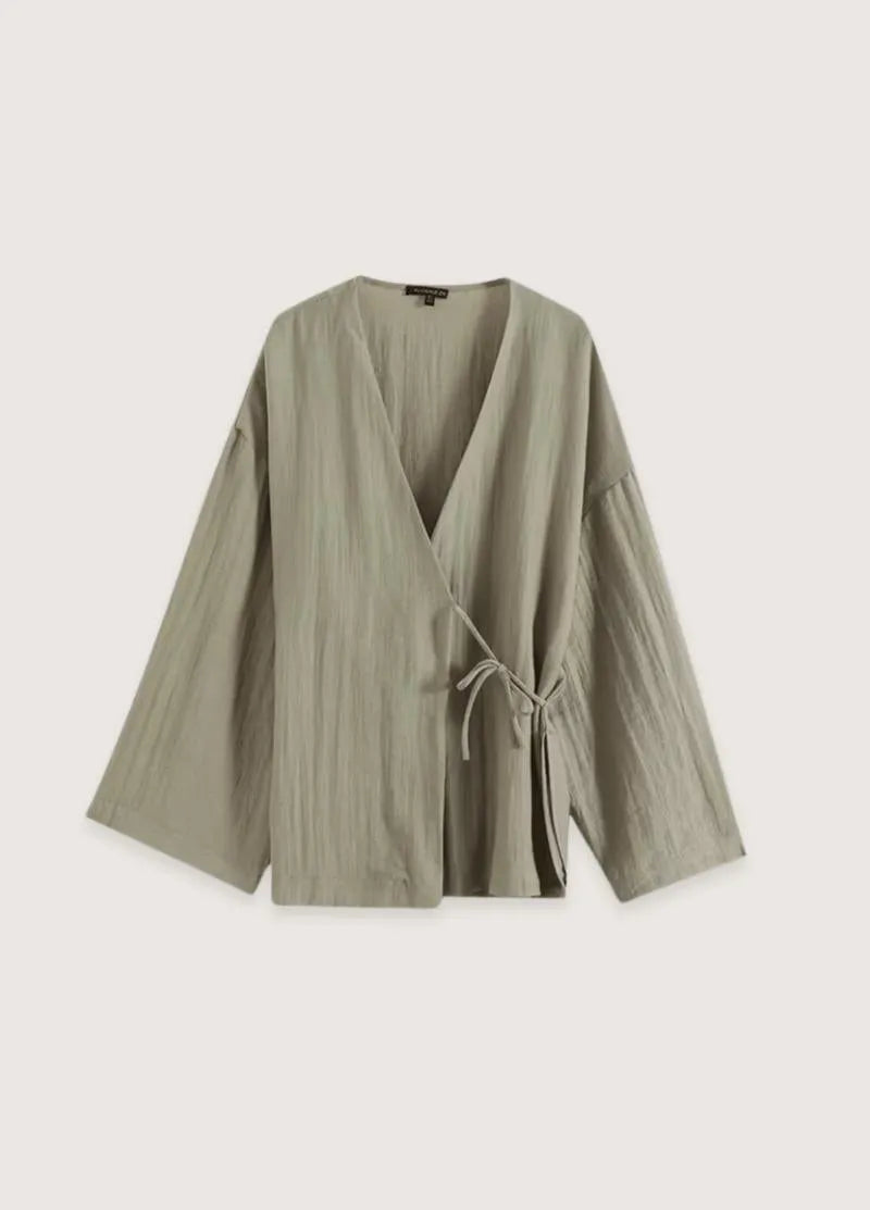 Kimono court japonais femme - Vert lin authentique-Kimikono