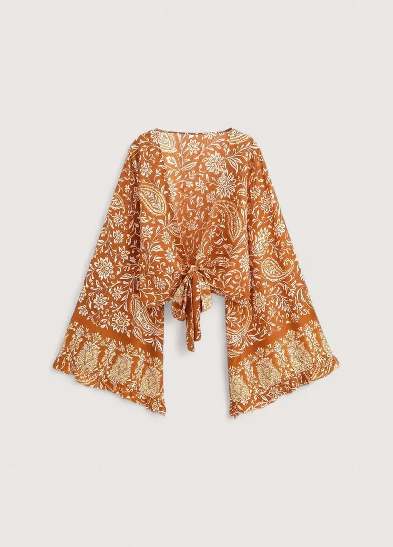 Kimono court orange fleuri - Bohème chic & fluide-Kimikono