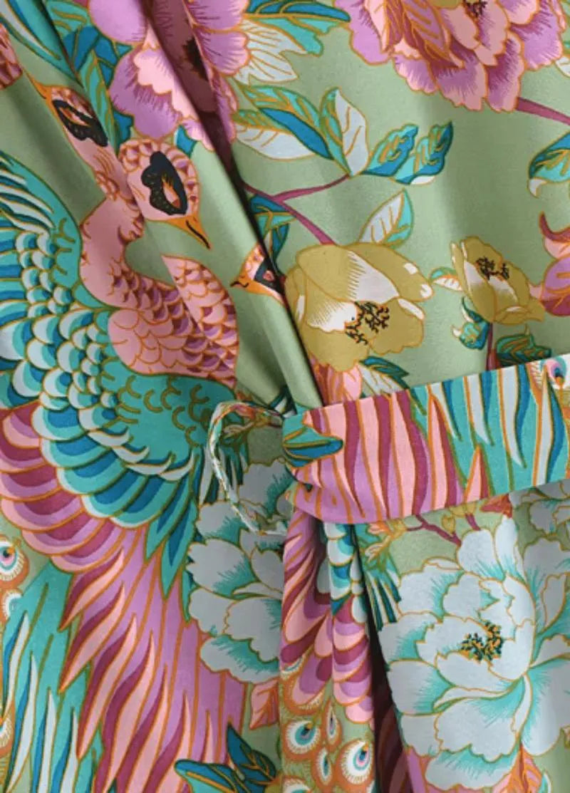 Kimono court plage paon fleuri - Style exotique chic-Kimikono