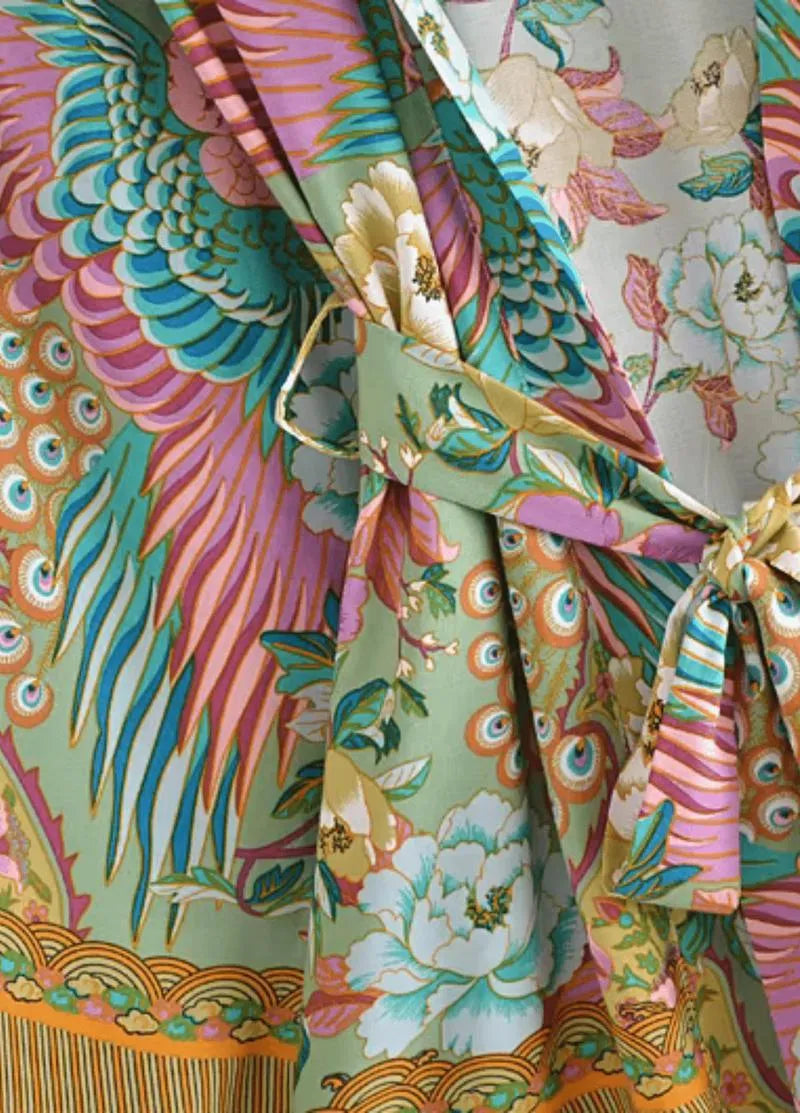 Kimono court plage paon fleuri - Style exotique chic-Kimikono
