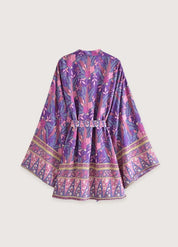 Kimono court plage violet fleuri - Bohème & chic-Kimikono
