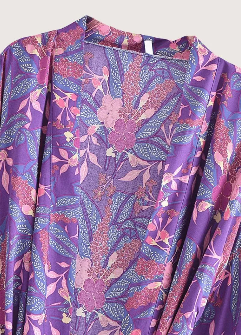 Kimono court plage violet fleuri - Bohème & chic-Kimikono