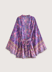 Kimono court plage violet fleuri - Bohème & chic-Kimikono