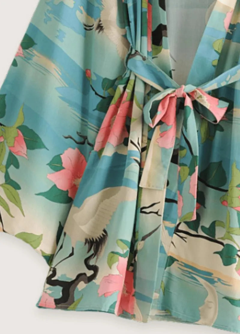 Kimono court tropical en coton - Style bohème chic-Kimikono