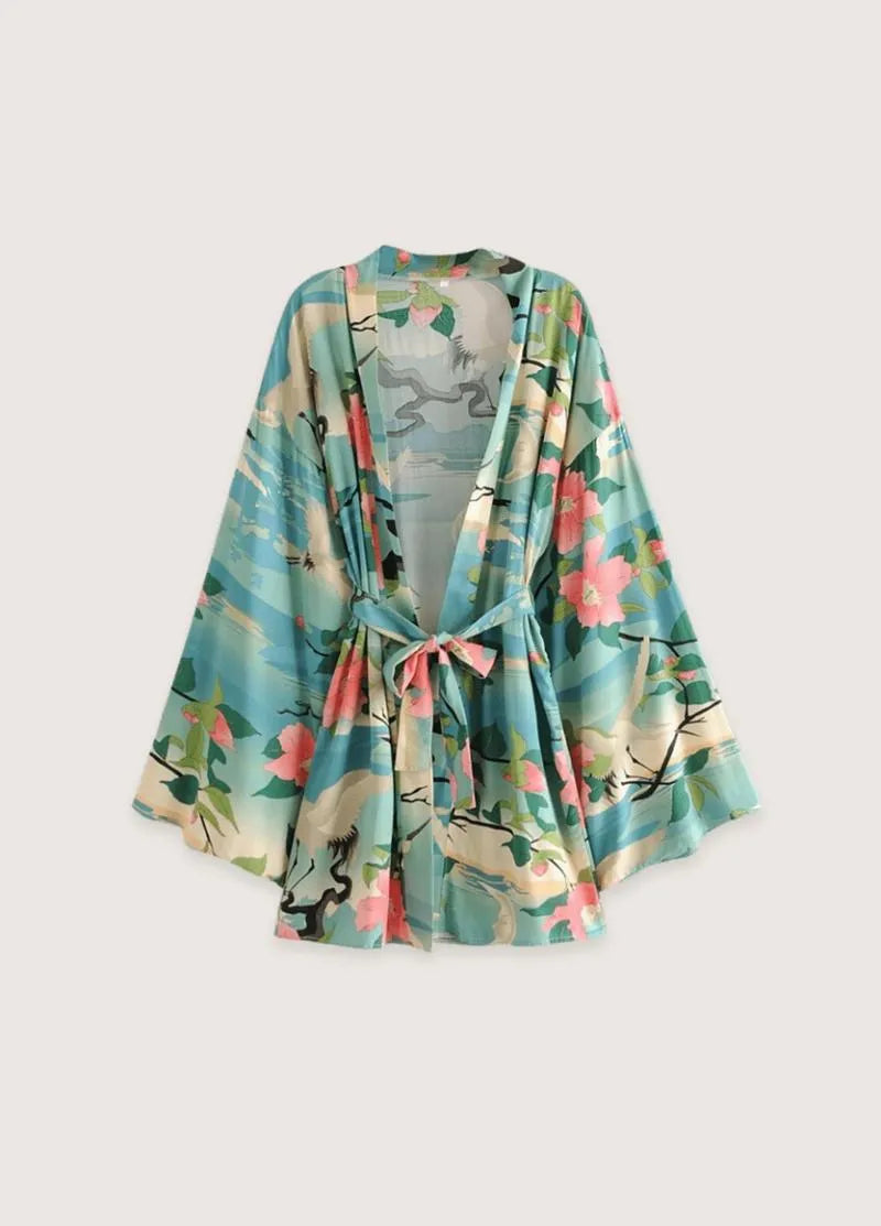 Kimono court tropical en coton - Style bohème chic-Kimikono