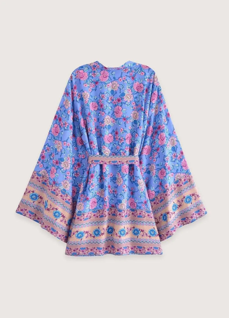 Kimono de plage court fleuri bleu - Style raffiné-Kimikono