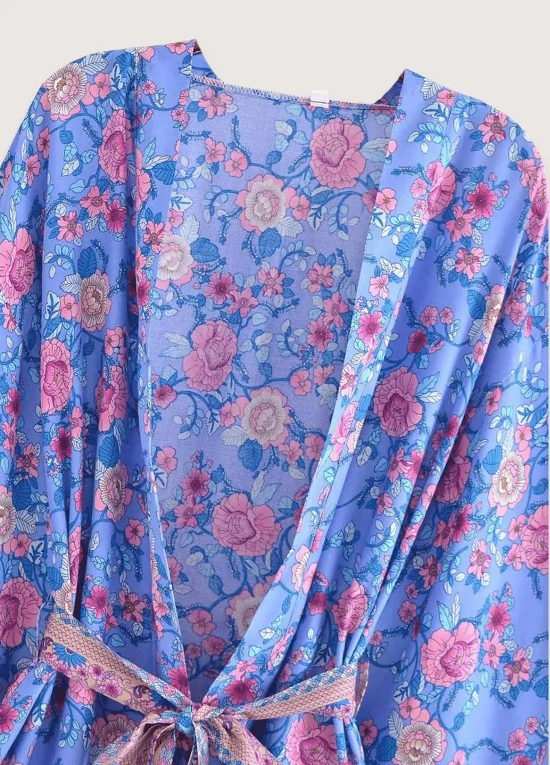 Kimono de plage court fleuri bleu - Style raffiné-Kimikono