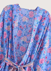 Kimono de plage court fleuri bleu - Style raffiné-Kimikono