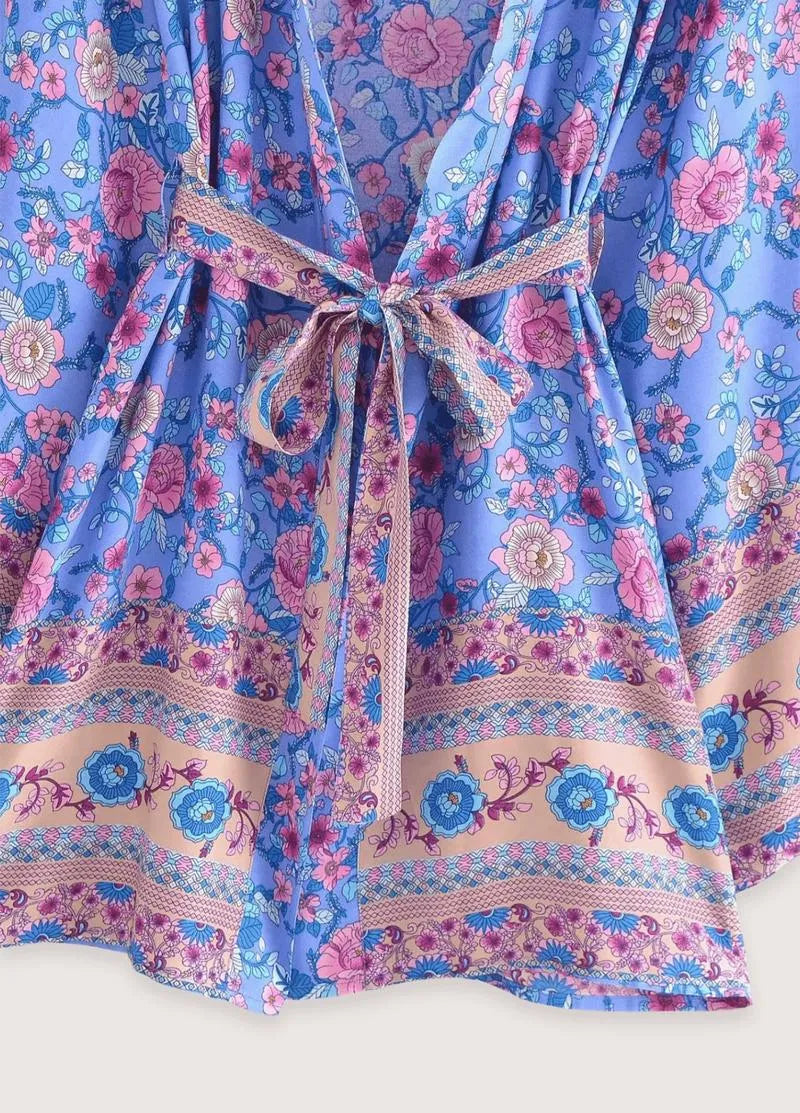 Kimono de plage court fleuri bleu - Style raffiné-Kimikono